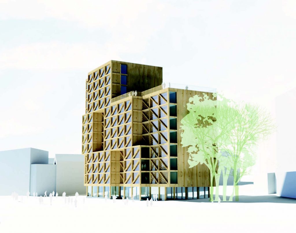 Tegning av et leilighetsbygg i tre med 8 og 12 etasjer