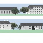 Enkel illustrasjon av et nytt bygg ved siden av et gammelt hovedbygg
