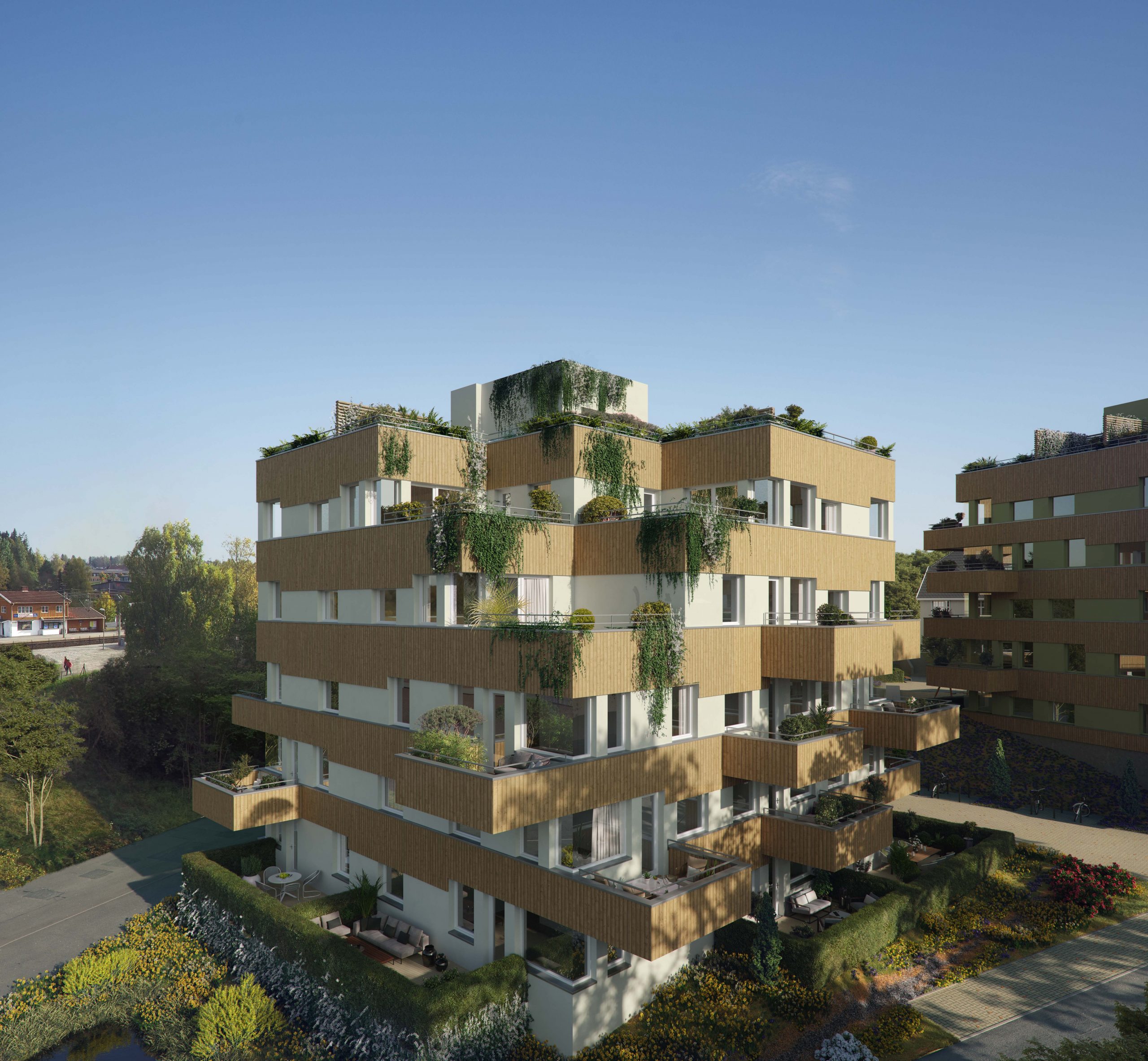 Illustrasjon av nytt boligbygg med terrasser med planter