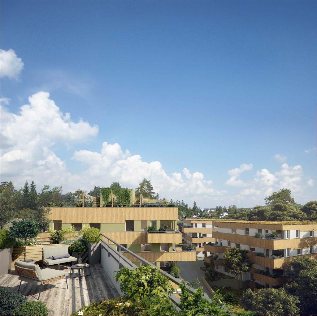 Illustrasjon av nye boliger med store takterraser, blå himmel