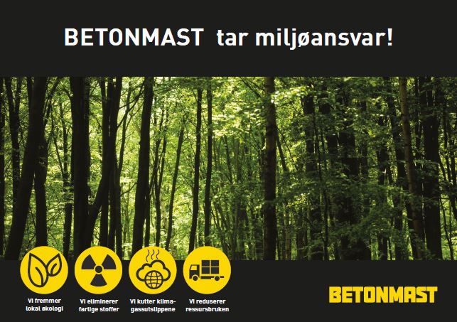 Plakat - bilde av skog, fire symboler viser Betonmasts satsingsområder innen miljø