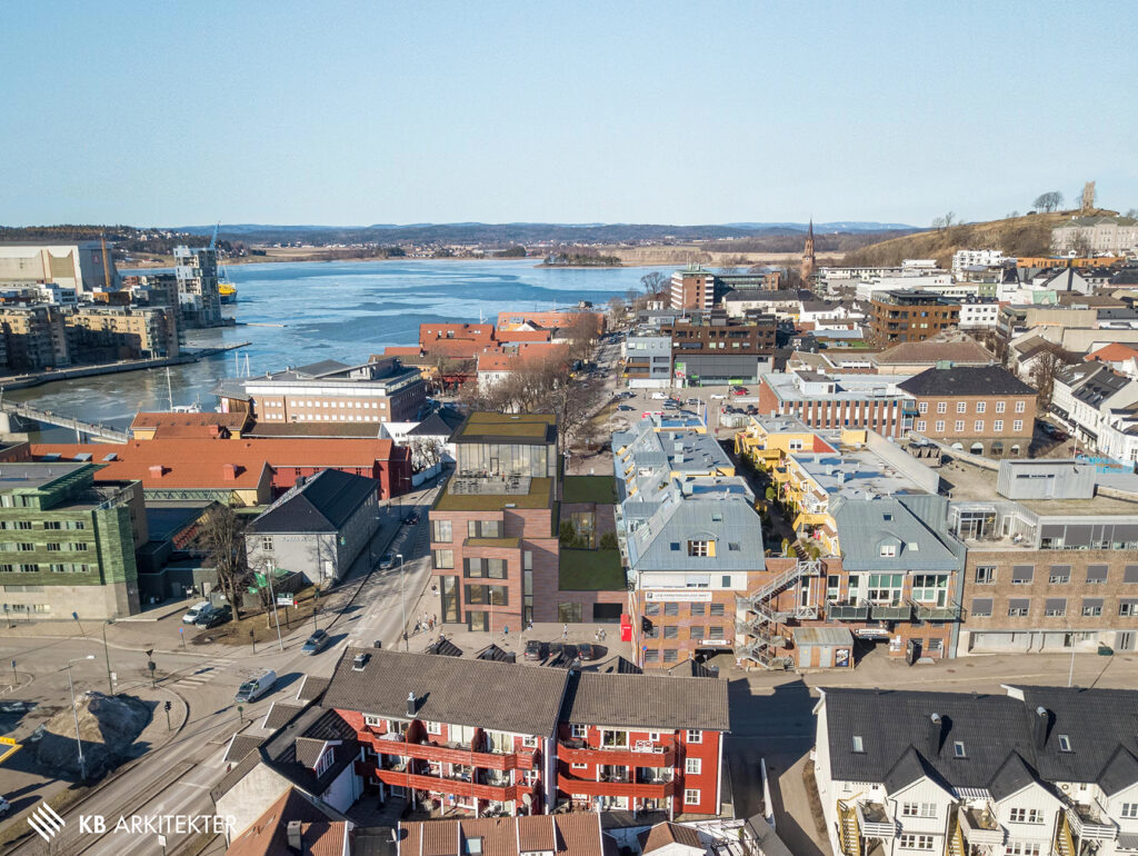 fotomontasje fugleperspektiv Tønsberg, bysentrum, vann, blå himmel