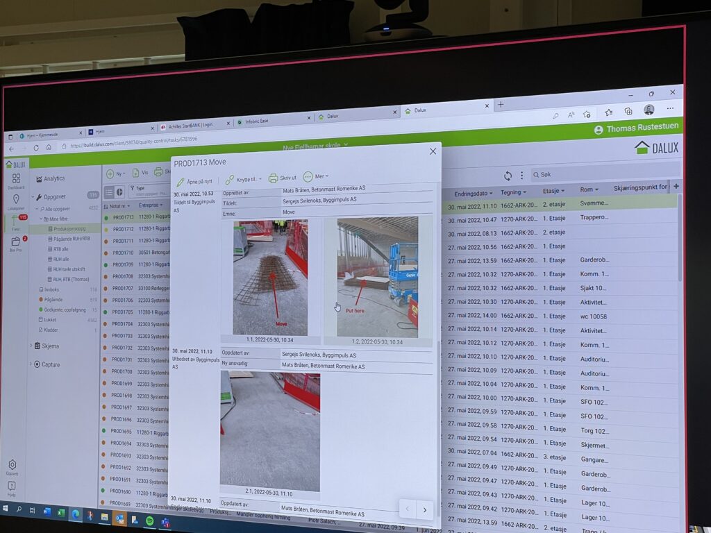PC-skjerm m bilder av byggeplass, anvisninger