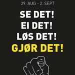 Plakat, sort bakgrunn, slagord, se det, ei det, løs det, gjør det. Tegning av pekende hånd. Betonmast-logo