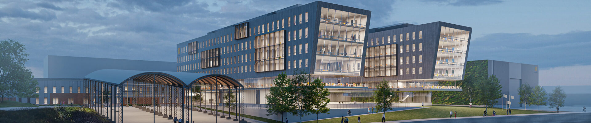 Illustrasjon av store kontorbygg, skråstilte glassfasader, vann