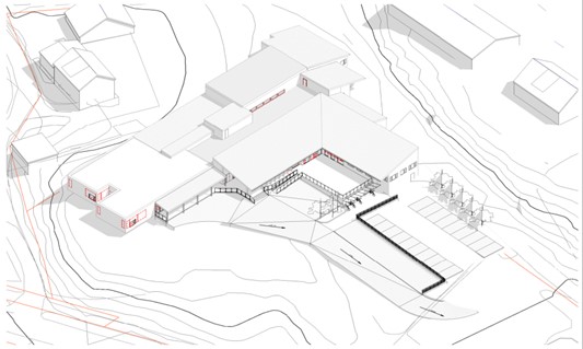 Illustrasjon, tegning, arbeidstegning, visualisering, terrengstreker, fugleperspektiv, skolebygg