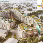 Illustrasjon av et helt boligkvartal, blokker